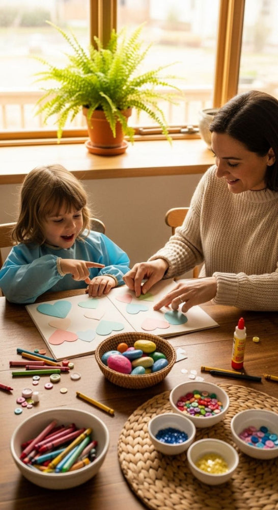 Woman and ASD  ADHD Golbal delay development child engaging in a craft activity at a table with various materials to promote ongoing Occupational therapy intervention to achieve NDIS . goals. Ongoing OT session at home.